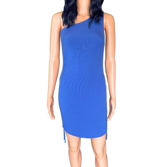 BB Dakota Steve Madden Blue Ruched Into Love Ribbed One Shoulder Dress Large - Picture 6 of 6